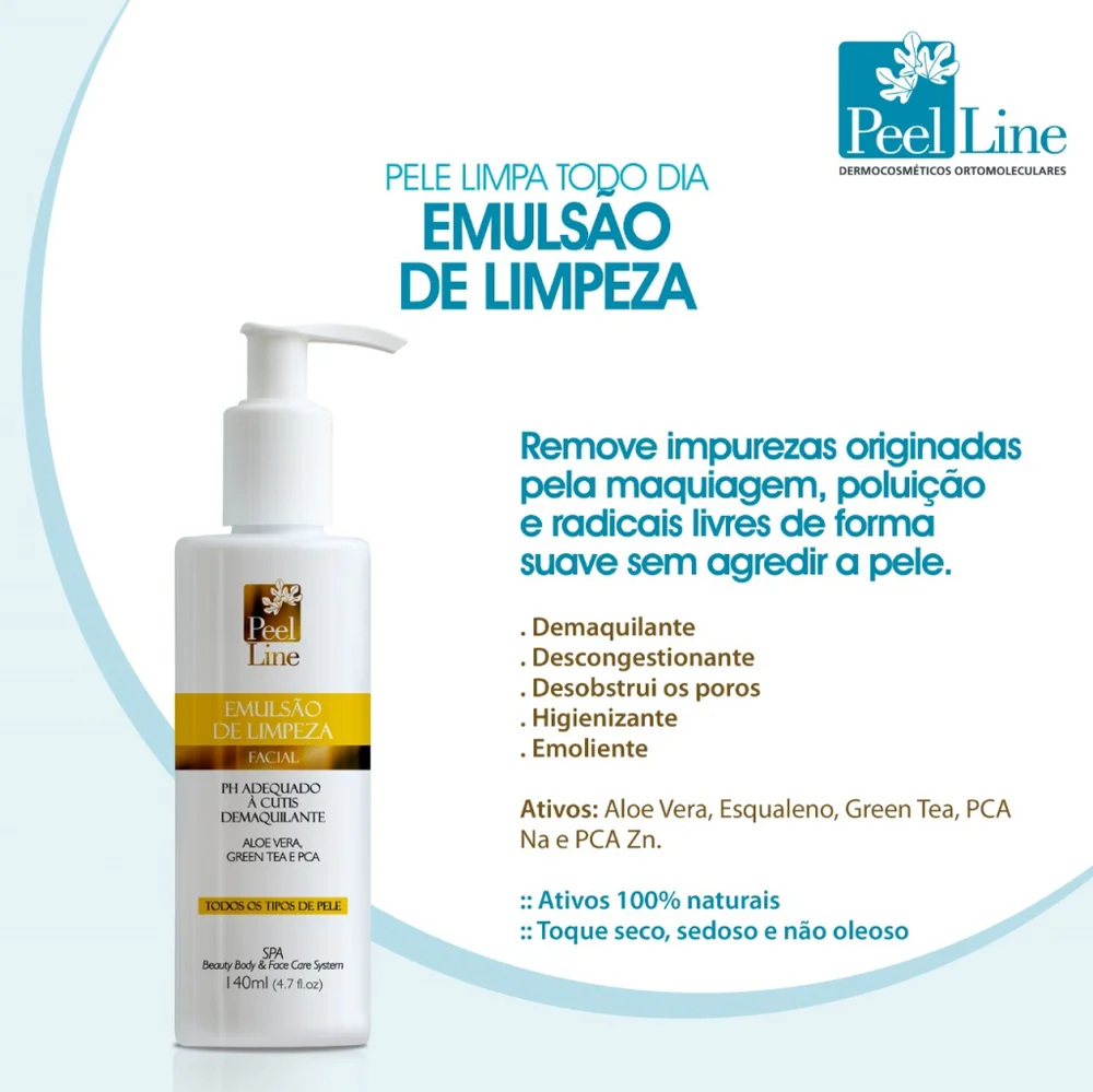 Frasco branco com pump da Emulsão de Limpeza Facial Peel Line 140ml