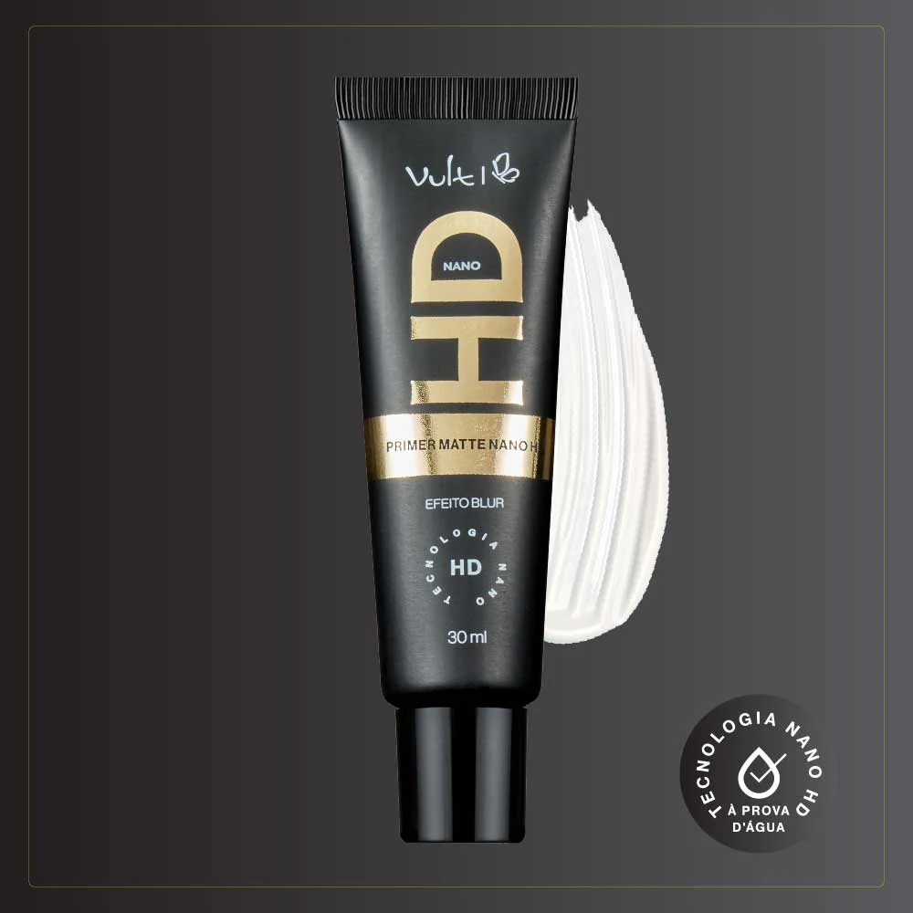 Detalhe do primer Vult com textura gel-creme e selo Tecnologia Nano HD