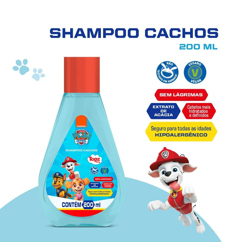 Frasco de shampoo Topz Patrulha Canina para cabelos cacheados, 200ml