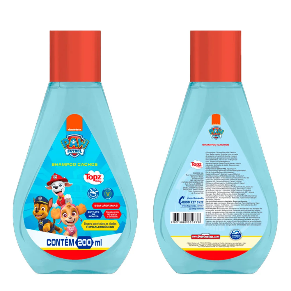 Frasco de shampoo Topz Patrulha Canina mostrando frente e verso com informações do produto