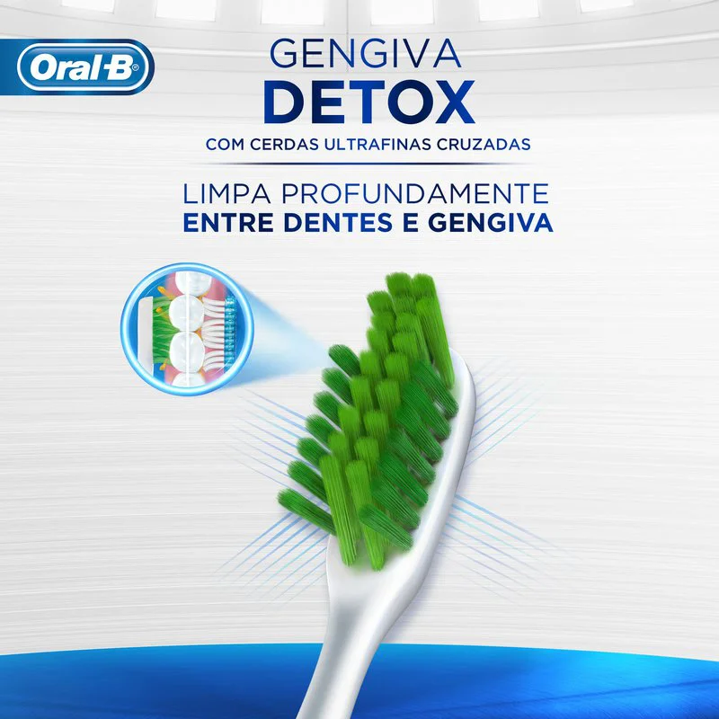 Escova Oral-B Gengiva Detox com destaque para cerdas ultrafinas cruzadas verdes