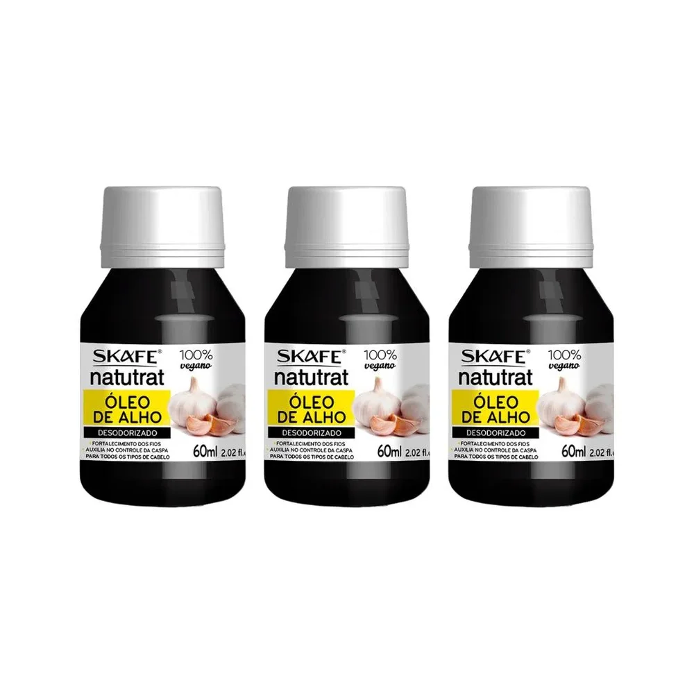 Três frascos do Óleo Skafe Natutrat S.O.S 60ml em embalagem preta com rótulo branco e amarelo