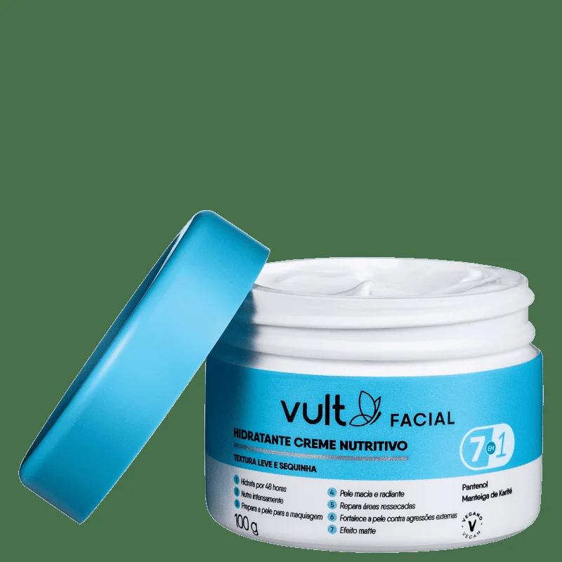 Pote azul do Creme Hidratante Facial Vult 100g com tampa ao lado