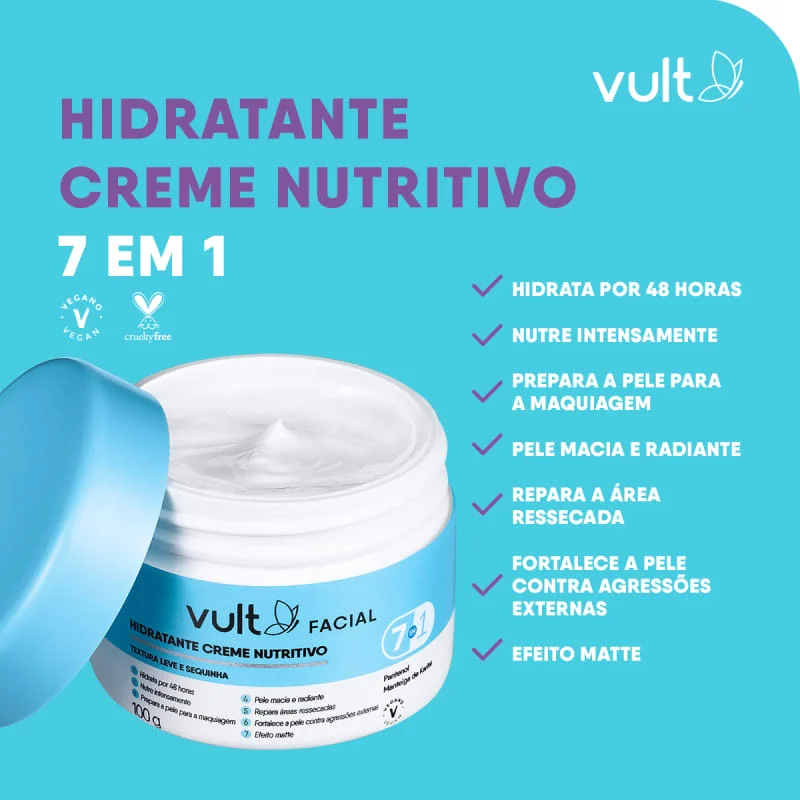 Pote azul do Creme Hidratante Facial Vult 100g aberto mostrando textura cremosa
