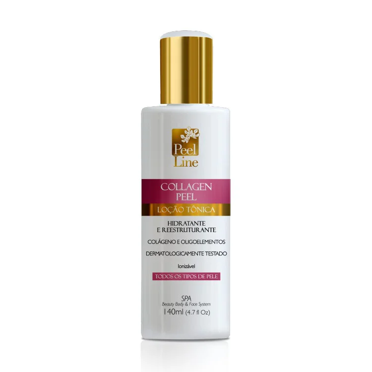 Loção Tônica Peel Line Colágeno Spa 140ml - frasco branco com detalhes dourados e spray
