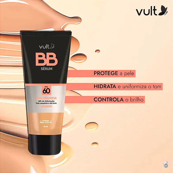 Imagem promocional do Sérum Vult BB V300 mostrando textura e benefícios