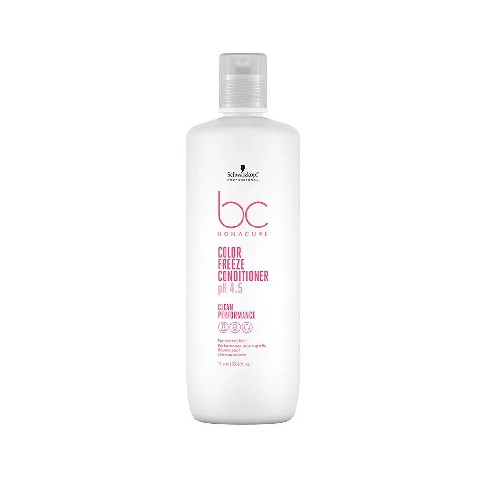Detalhe do rótulo do Bonacure Color Freeze 1L mostrando ícones de proteção e hidratação