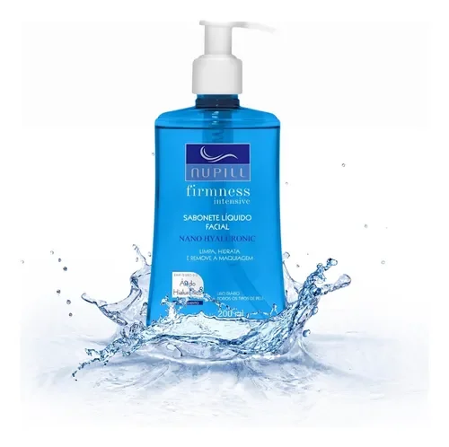 Frasco azul do sabonete facial Nupill 200ml com respingos d'água
