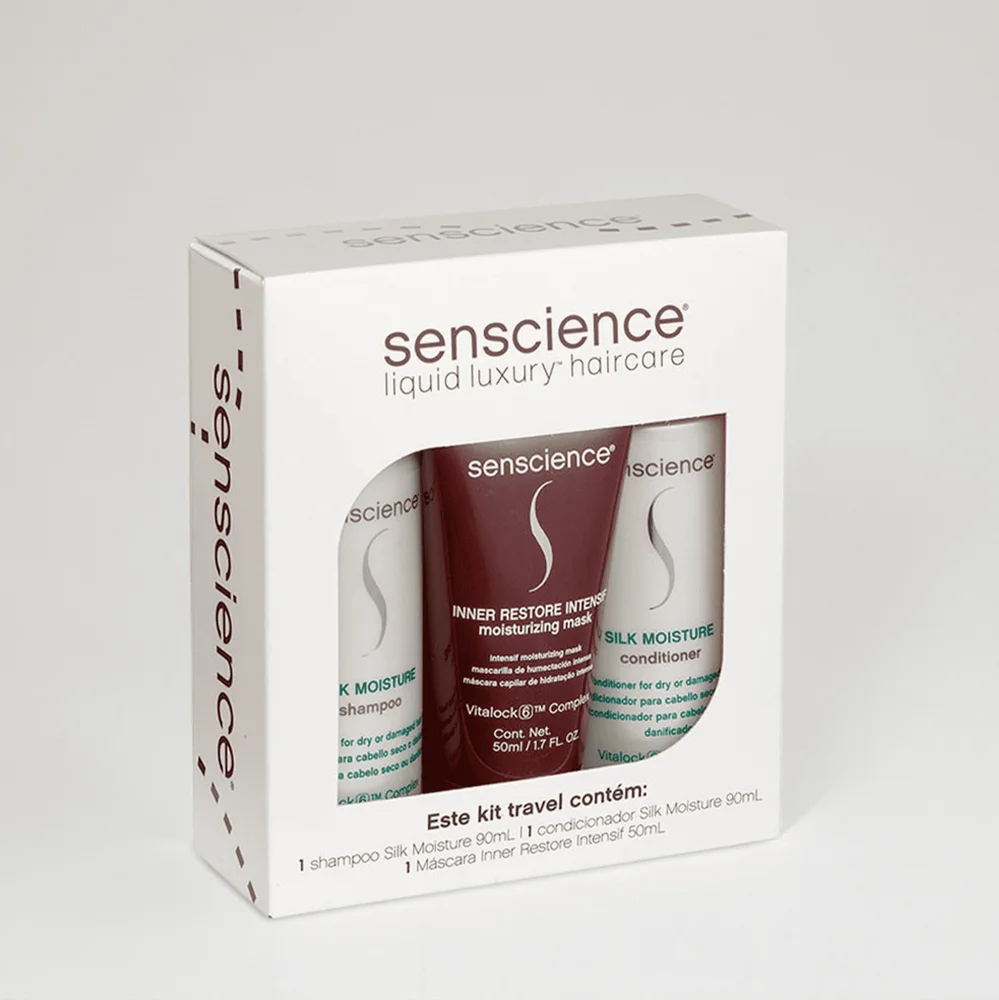 Embalagem do Kit Senscience Travel com janela mostrando os três produtos