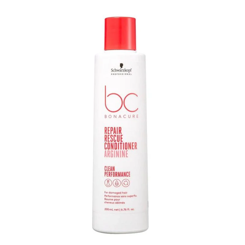 Detalhe da embalagem branca com tampa vermelha do Condicionador Bonacure Repair Rescue 200ml