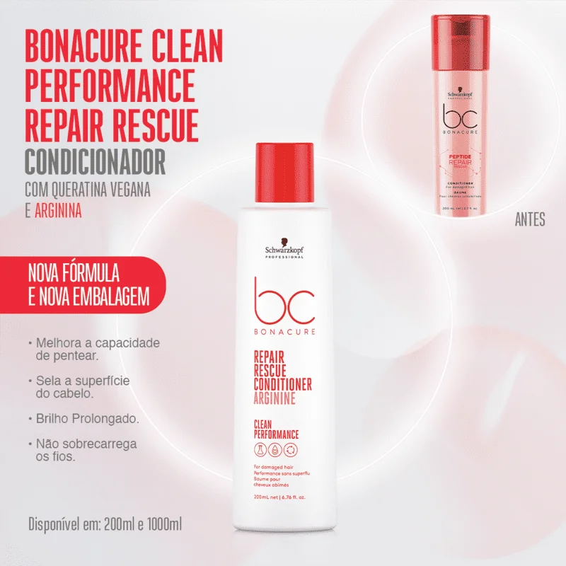 Imagem promocional do Condicionador Bonacure Repair Rescue 200ml destacando benefícios