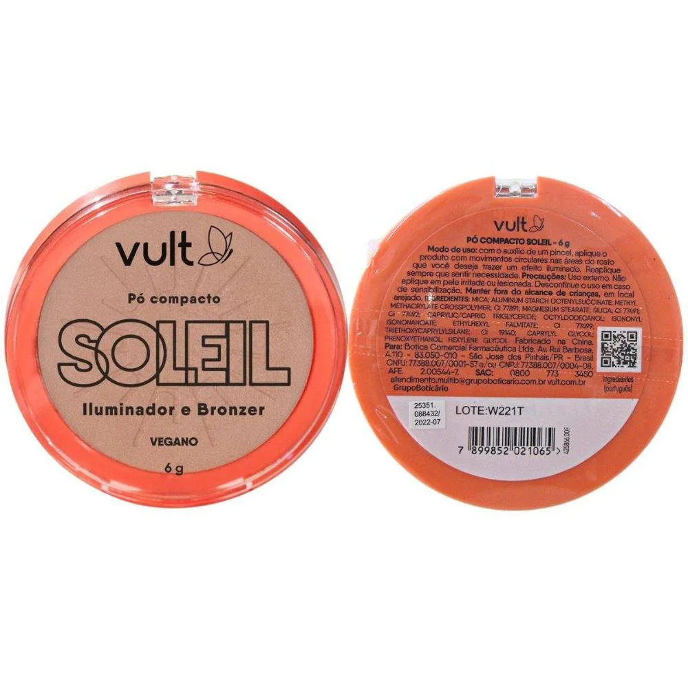 Frente e verso da embalagem Pó Compacto Vult Soleil mostrando informações e selo vegano