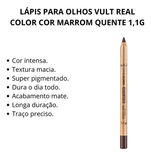 Lápis de Olhos Vult Marrom Quente com texto destacando atributos como cor intensa e longa duração