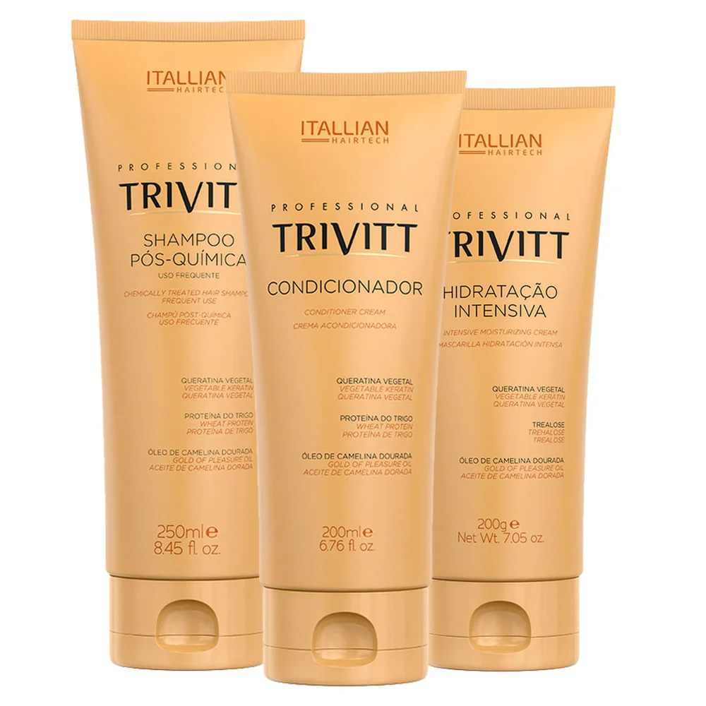 Visão frontal do Kit Trivitt: três bisnagas douradas com indicação para cabelos quimicamente tratados