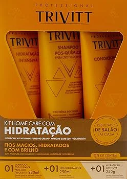 Imagem do Kit Trivitt Home Care com destaque para embalagens douradas e indicação de resultado de salão em casa