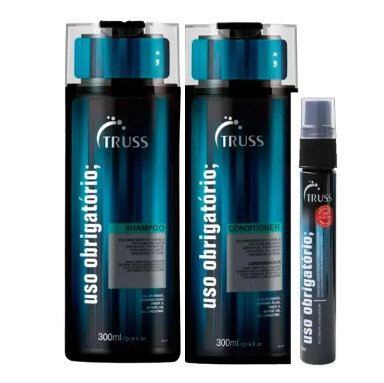 Kit Truss Uso Obrigatório com shampoo, condicionador e travel size em embalagens pretas e detalhes azuis