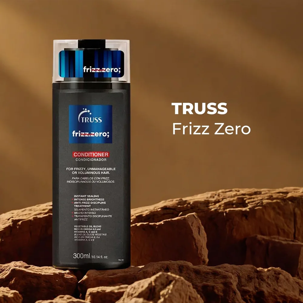 Condicionador Truss Frizz Zero 300ml sobre superfície rústica, destaque do rótulo
