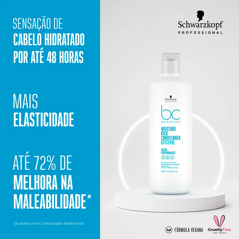 Detalhes do rótulo Bonacure Moisture Kick 1L com benefícios e ícones vegano