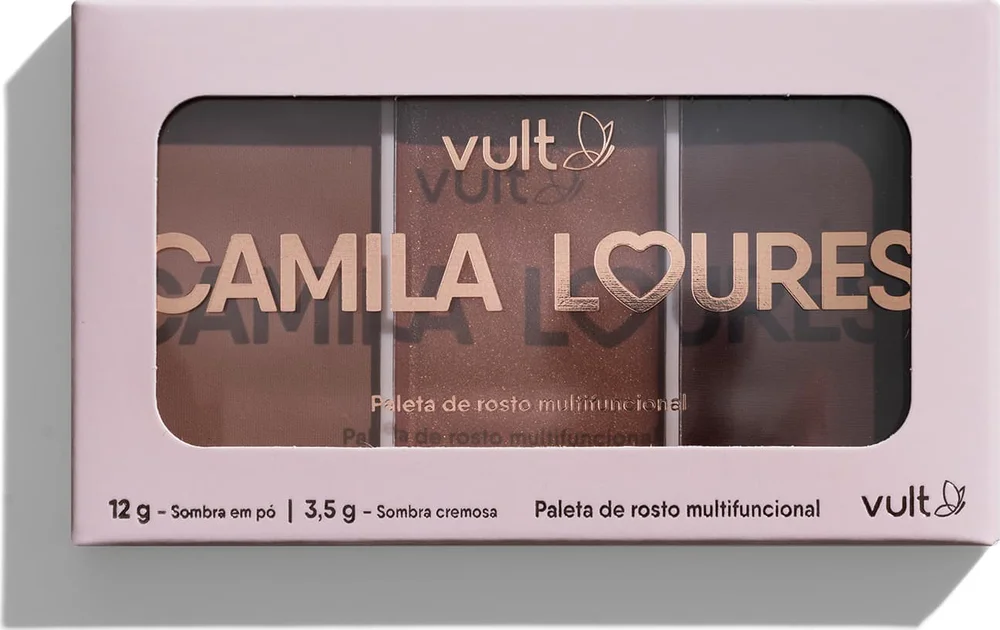 Embalagem rosa com janela transparente mostrando os três tons da paleta