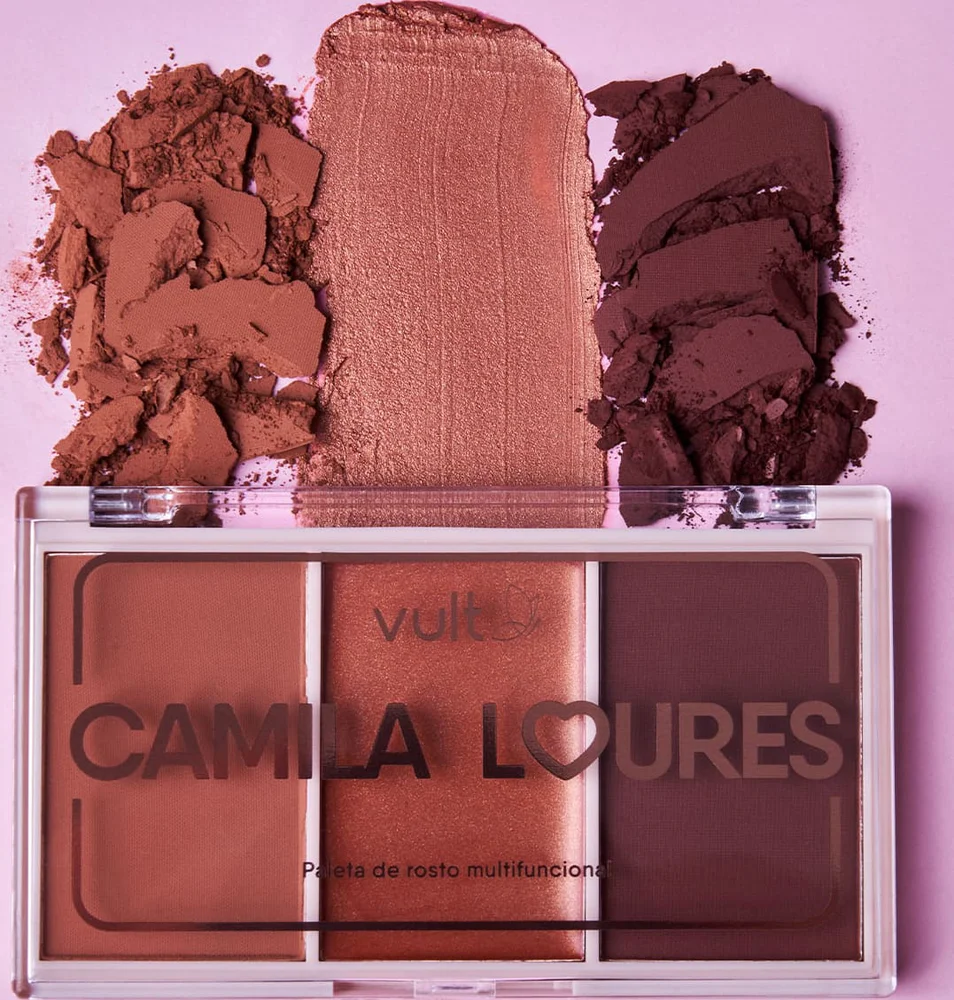 Paleta Vult Camila Loures com amostras das cores sobre fundo rosa