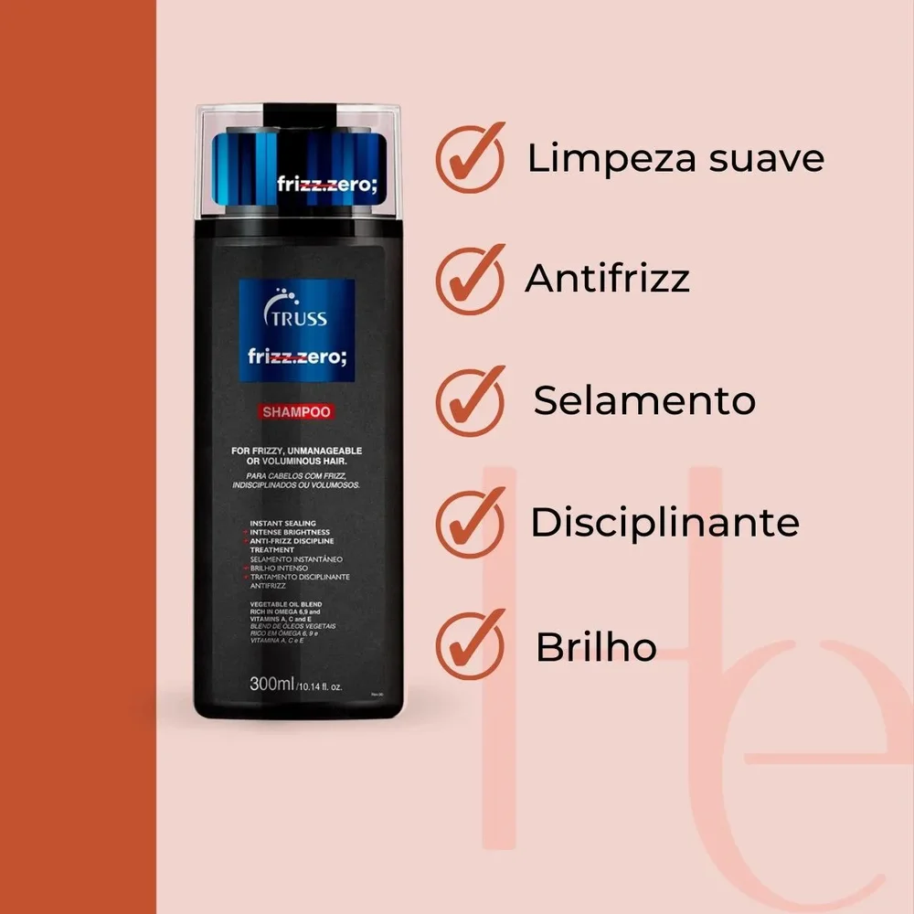Shampoo Truss Frizz Zero 300ml embalagem preta com rótulo azul e tampa transparente