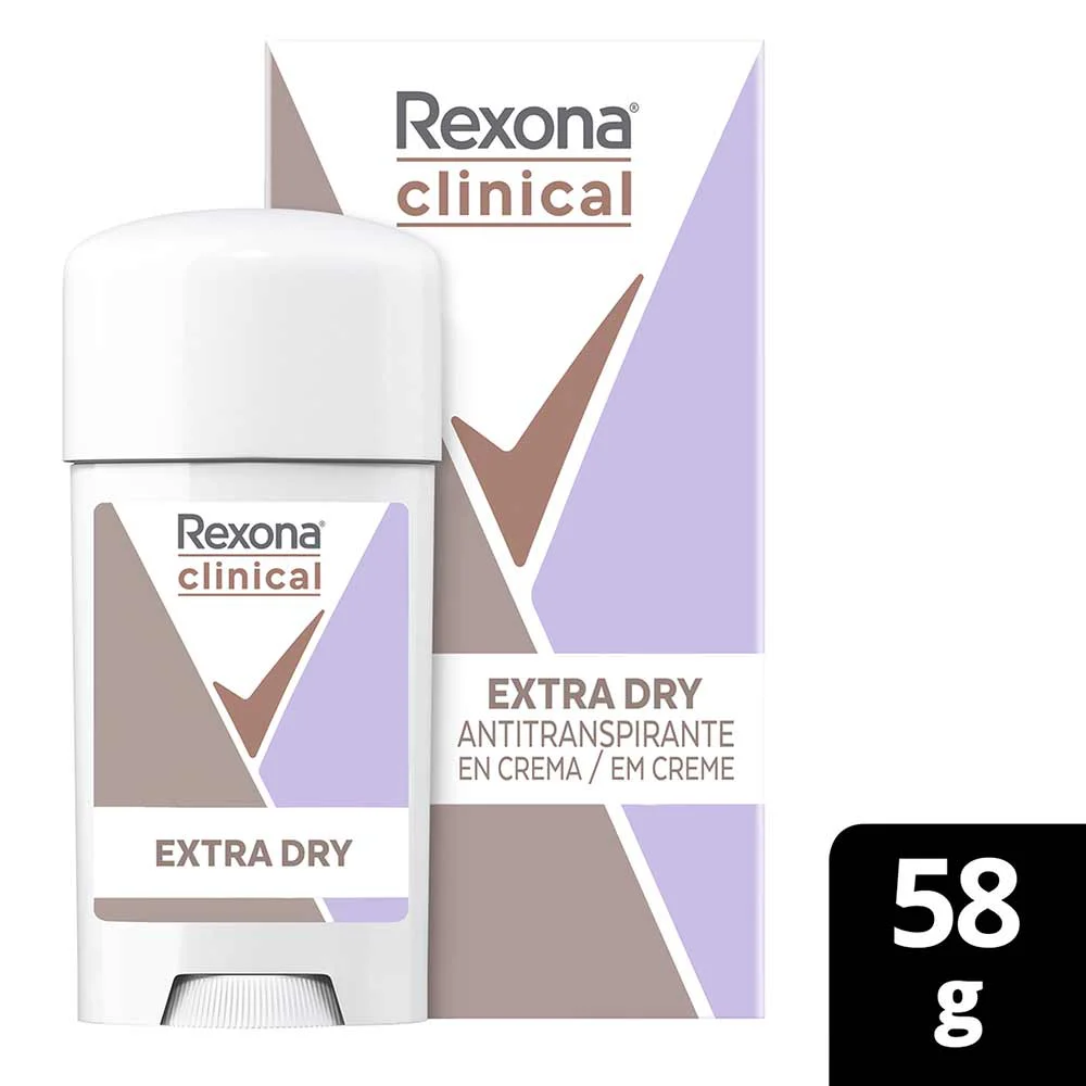 Desodorante Rexona Clinical Extra Dry com embalagem e caixa ao fundo