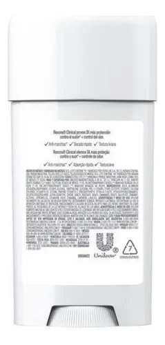 Verso do desodorante Rexona Clinical mostrando ingredientes e modo de uso