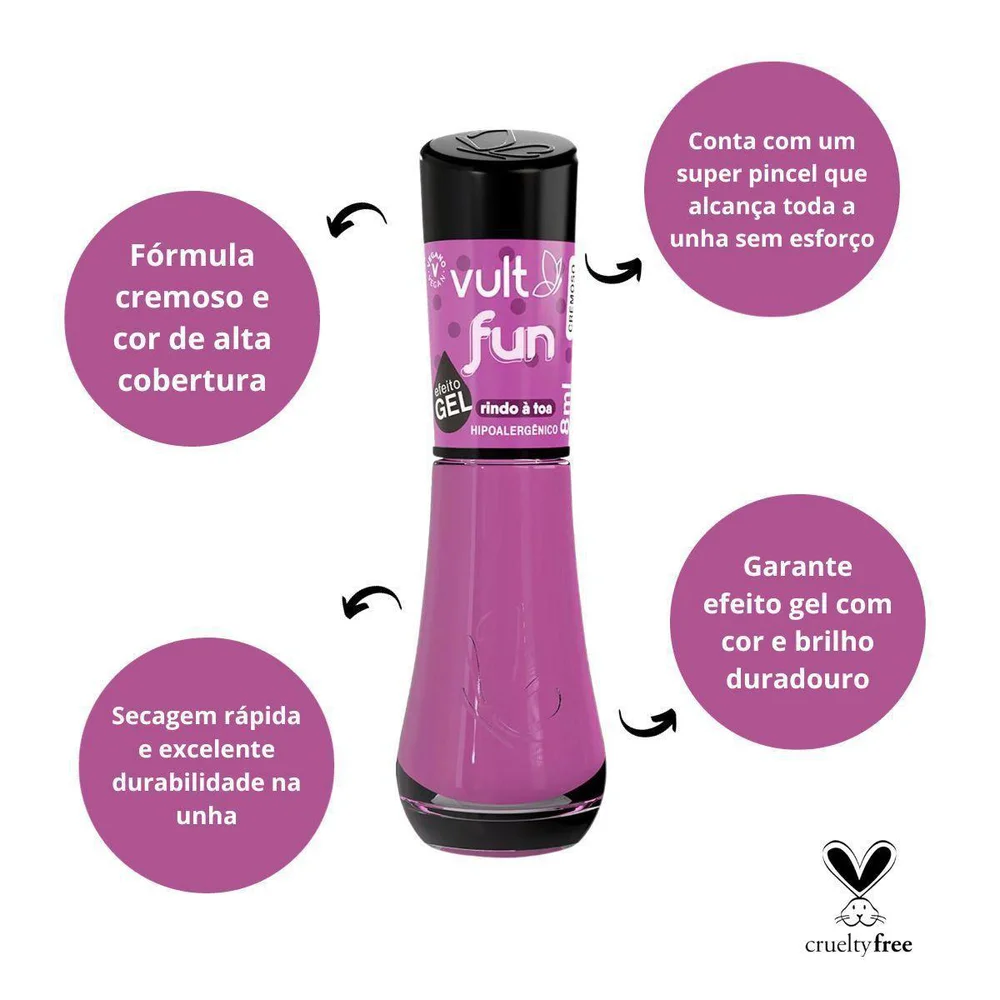 Esmalte Vult Fun Rindo à Toa com ícones de atributos e frasco em destaque