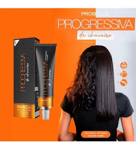 Imagem do produto mostrando antes e depois no cabelo, efeito liso e disciplinado