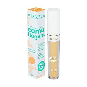 Embalagem do corretivo Vizzela camuflagem amarelo mostrando tubo e caixa