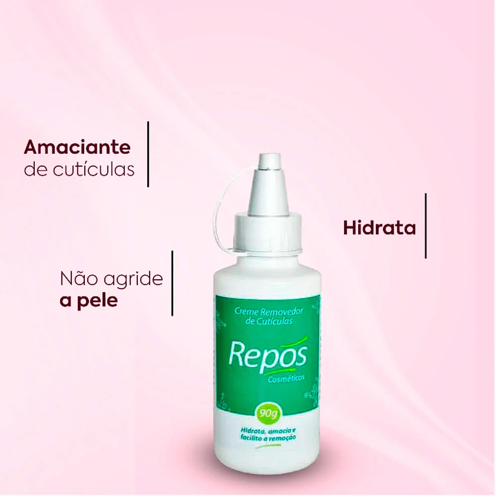 Frasco Repos 90g em fundo rosa claro destacando benefícios
