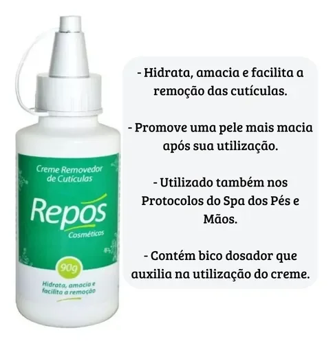 Frasco do creme Repos 90g com destaque para bico dosador e benefícios