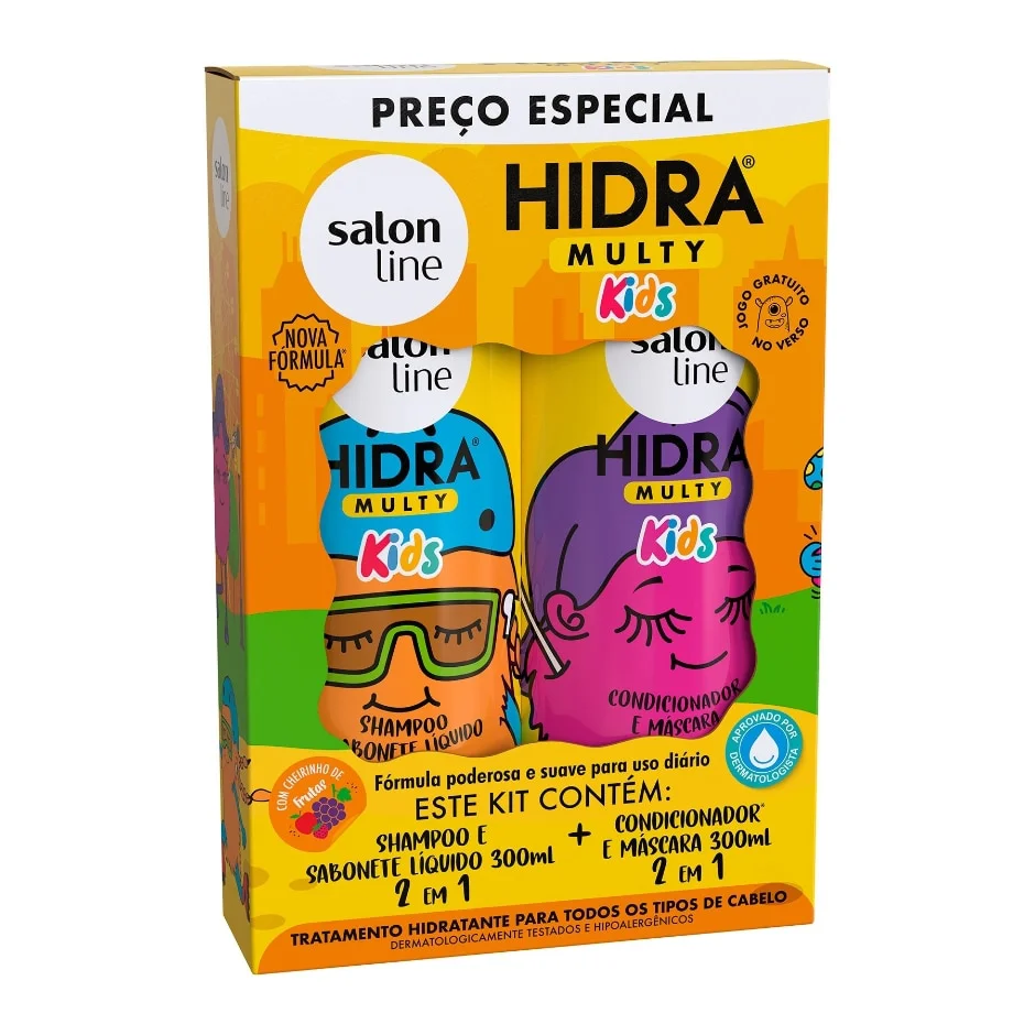Detalhe das embalagens Hidra Multy Kids Salon Line mostrando rótulos e ilustrações divertidas