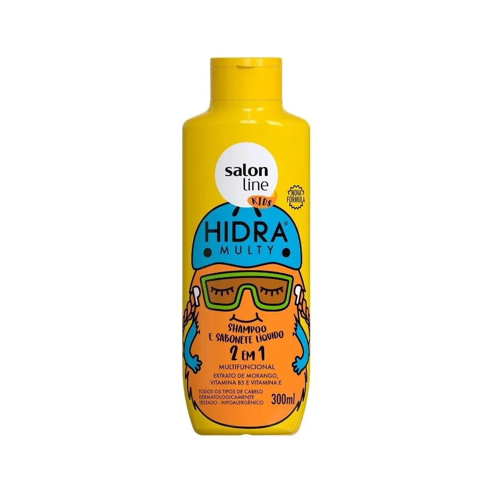 Frasco amarelo do shampoo Hidra Multy Kids com tampa flip-top e rótulo divertido