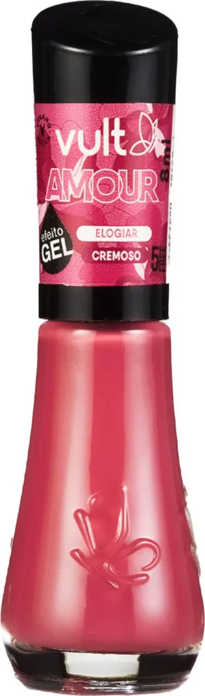 Close do frasco do esmalte Vult Amour Elogiar 5free mostrando o rótulo e a cor