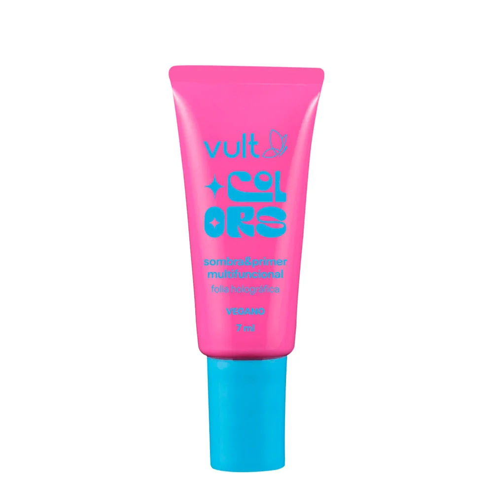Tubo frontal da Sombra e Primer Vult Colors 7ml com rótulos 'folia holográfica' e 'VEGANO'