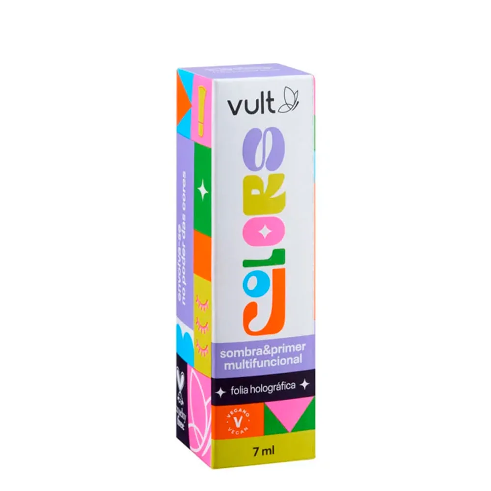 Embalagem em ângulo da Sombra e Primer Vult Colors 7ml com design colorido