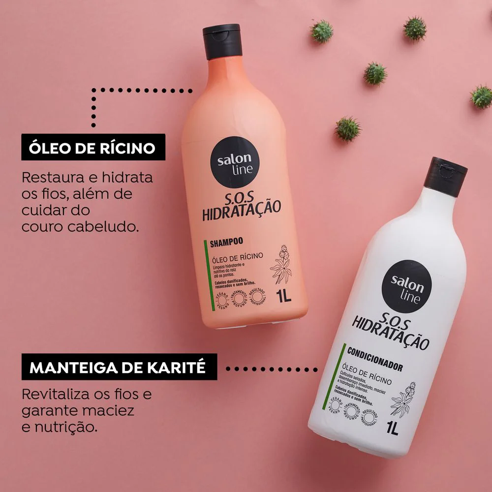Detalhe do Shampoo e Condicionador Salon Line sobre fundo rosa