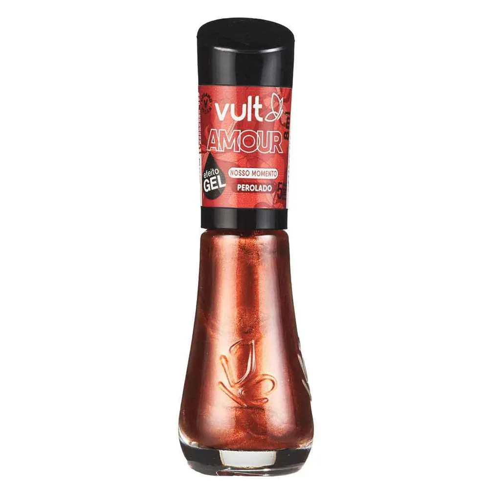Esmalte Vult Amour Nosso Momento frasco transparente mostrando cor cobre metálico