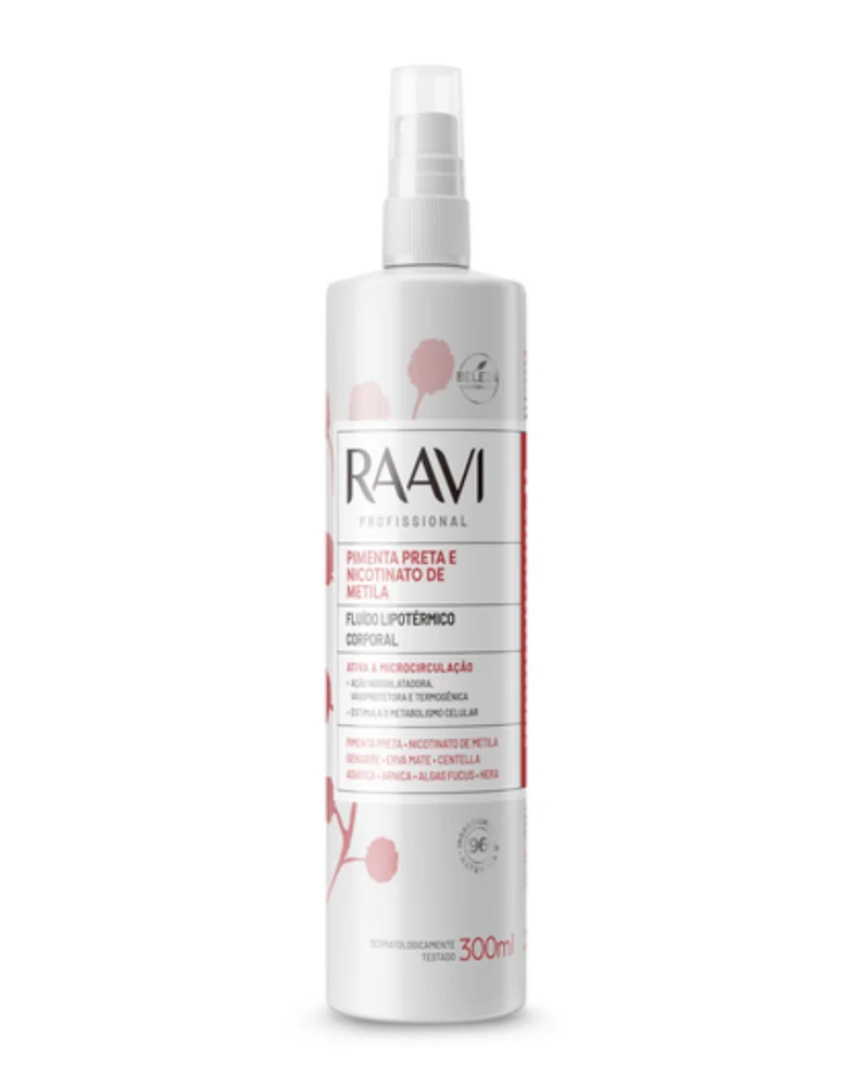 Fluído Lipotérmico Raavi Pimenta Preta em frasco spray branco com detalhes vermelhos e rosa