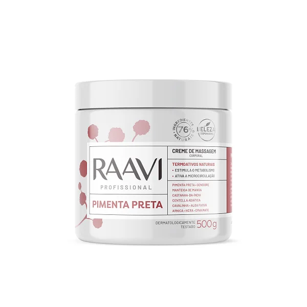 Creme de Massagem Raavi Pimenta Preta em pote branco com tampa branca e detalhes rosa e vermelho