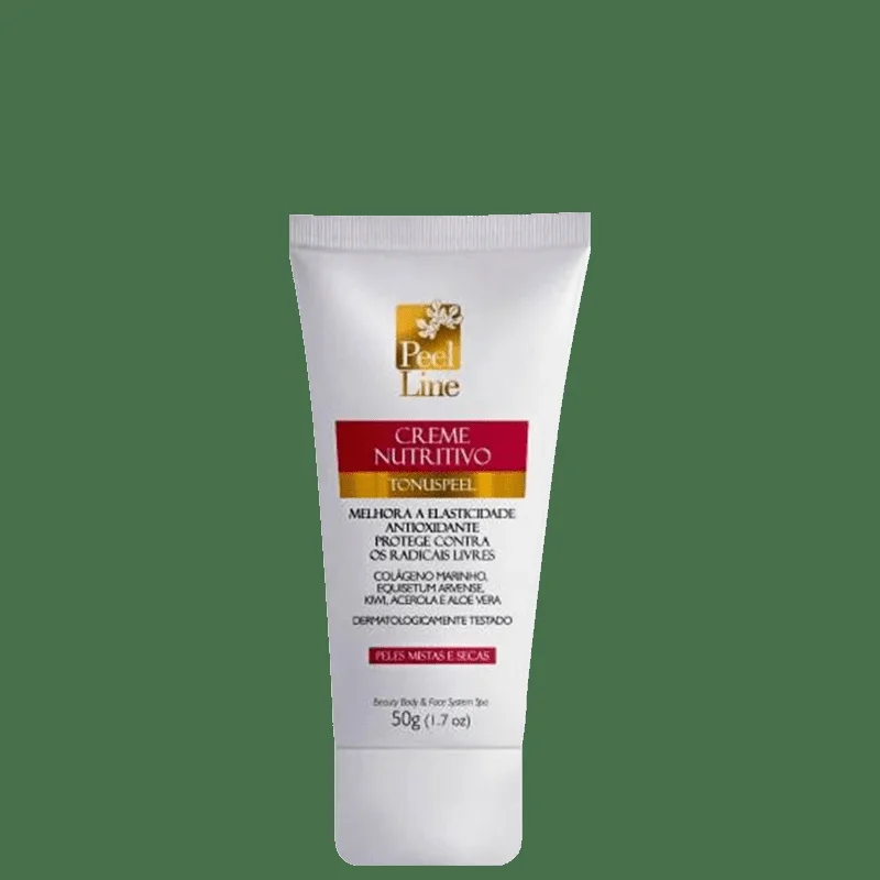 Creme Nutritivo Tonuspeel Colágeno Peel Line 50g - bisnaga branca com detalhes em vermelho e dourado