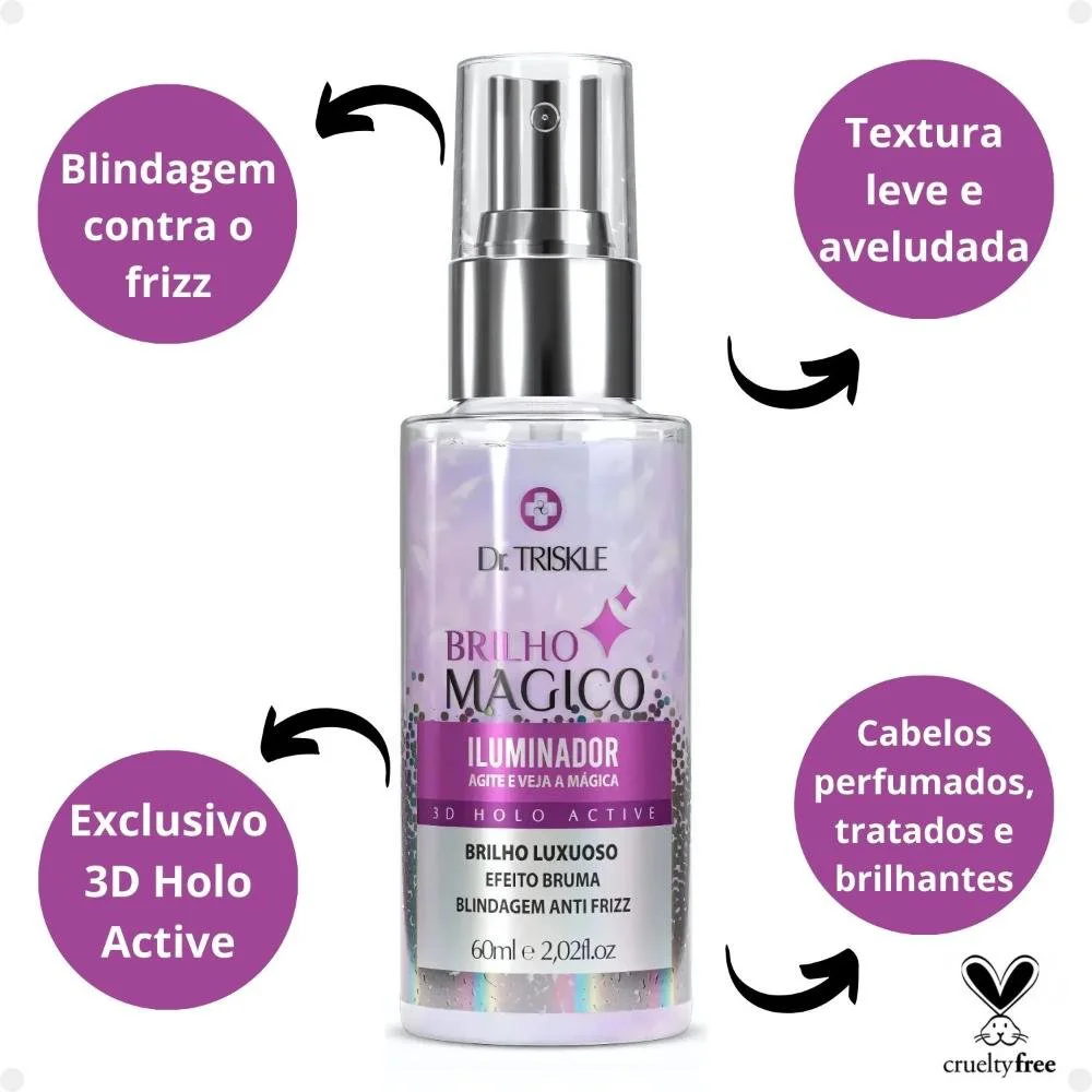 Iluminador Triskle Brilho Mágico 60ml em frasco spray translúcido com detalhes holográficos