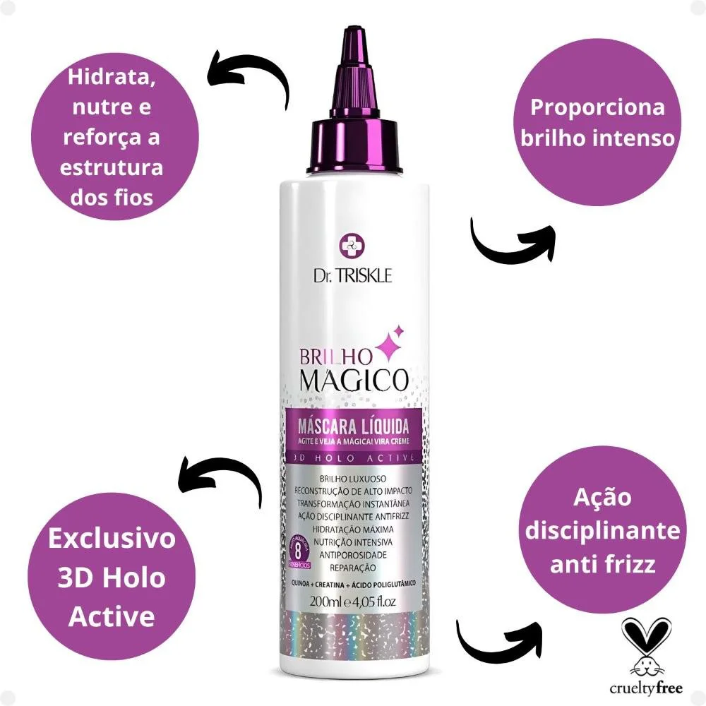 Máscara Líquida Capilar Triskle Brilho Mágico 200ml - destaque de ingredientes e benefícios