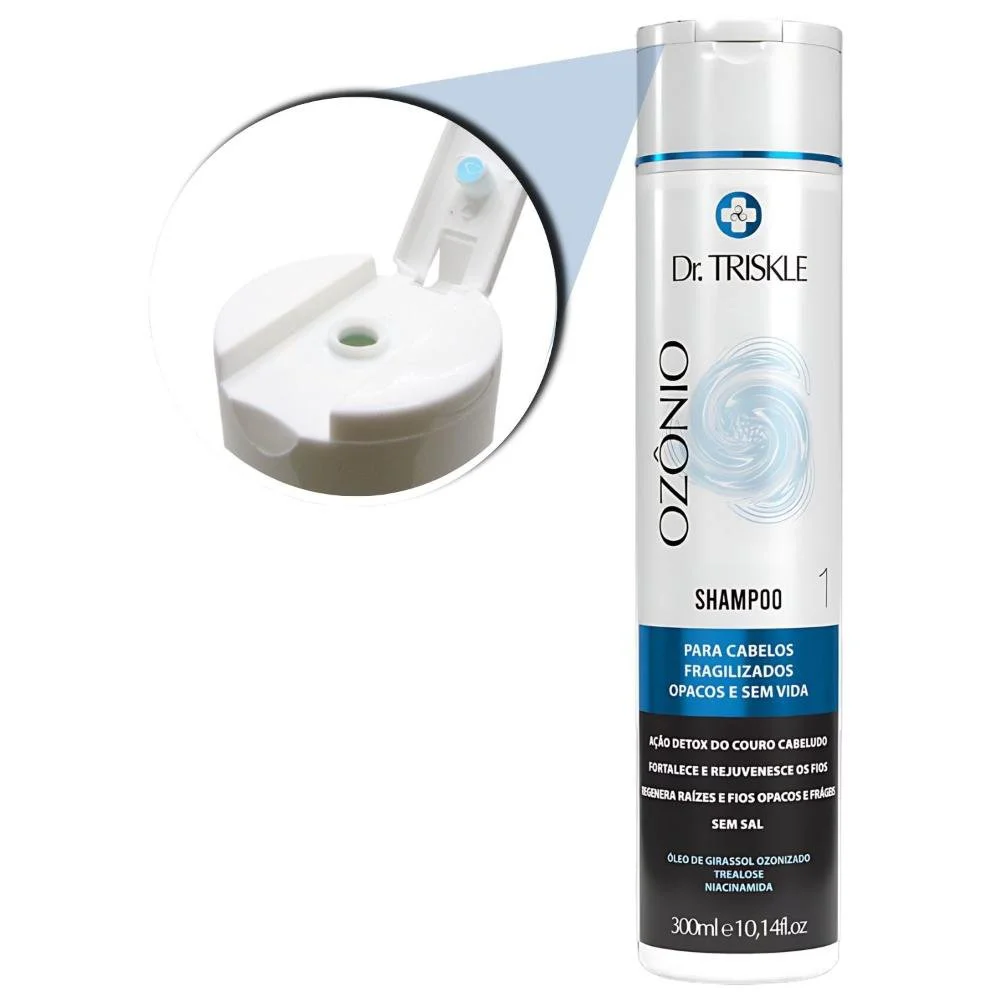 Close da tampa flip-top do Shampoo Triskle Ozônio 300ml