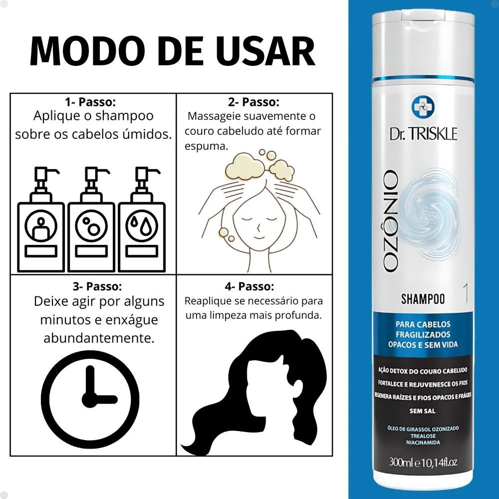 Modo de usar e detalhes do Shampoo Triskle Ozônio 300ml