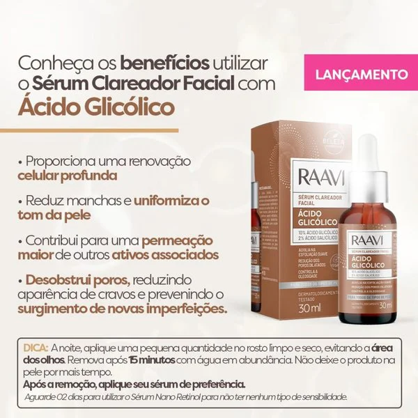 Sérum Raavi ao lado da embalagem com benefícios destacados