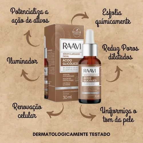 Detalhes do Sérum Clareador Raavi com setas destacando ativos e benefícios