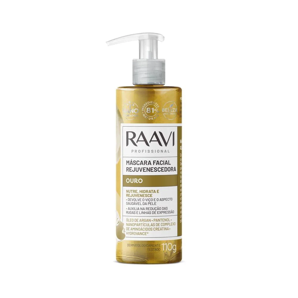 Frontal da Máscara Facial Rejuvenescedora Raavi Ouro 110g com doseador pump