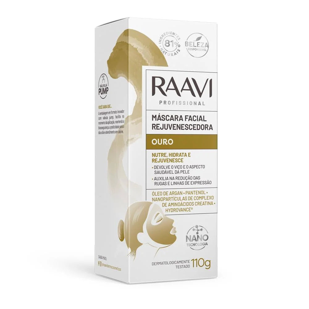 Lateral da embalagem da Máscara Facial Rejuvenescedora Raavi Ouro 110g com informações e design dourado